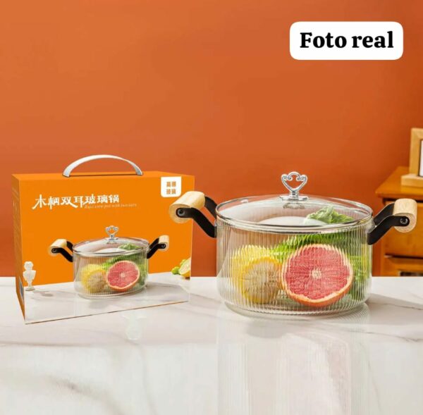 Olla de Borosilicato 3.5L con Asas de Bambú - Elegante y Multiusos
